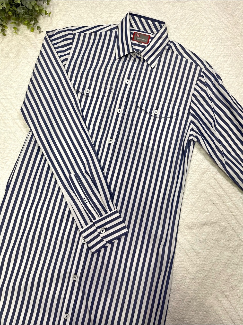 Pennington & Bailes Long Sleeve Striped Button Down Cotton Tunic XS Navy White